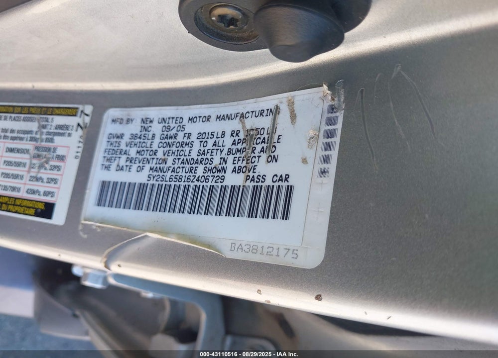 2006 PONTIAC VIBE VIN: 5Y2SL65816Z406729