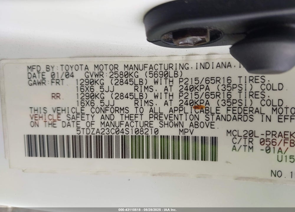 2004 TOYOTA SIENNA LE VIN: 5TDZA23C04S108210