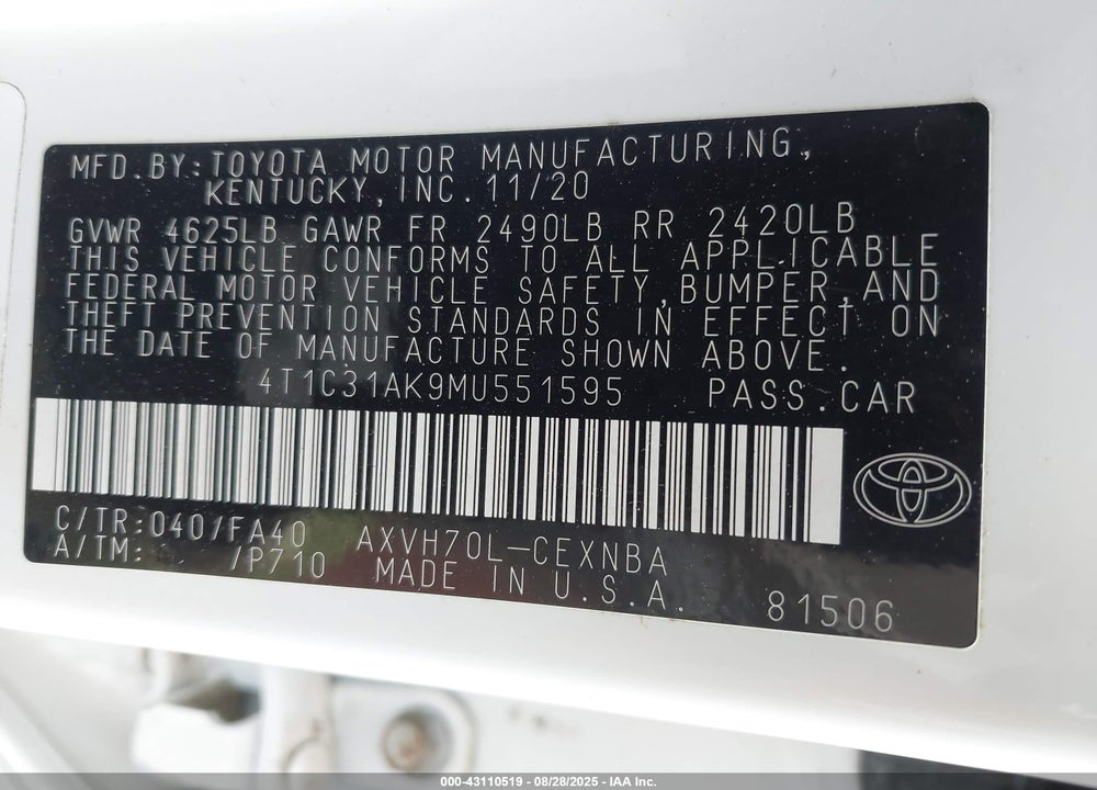 2021 TOYOTA CAMRY VIN: 4T1C31AK9MU551595