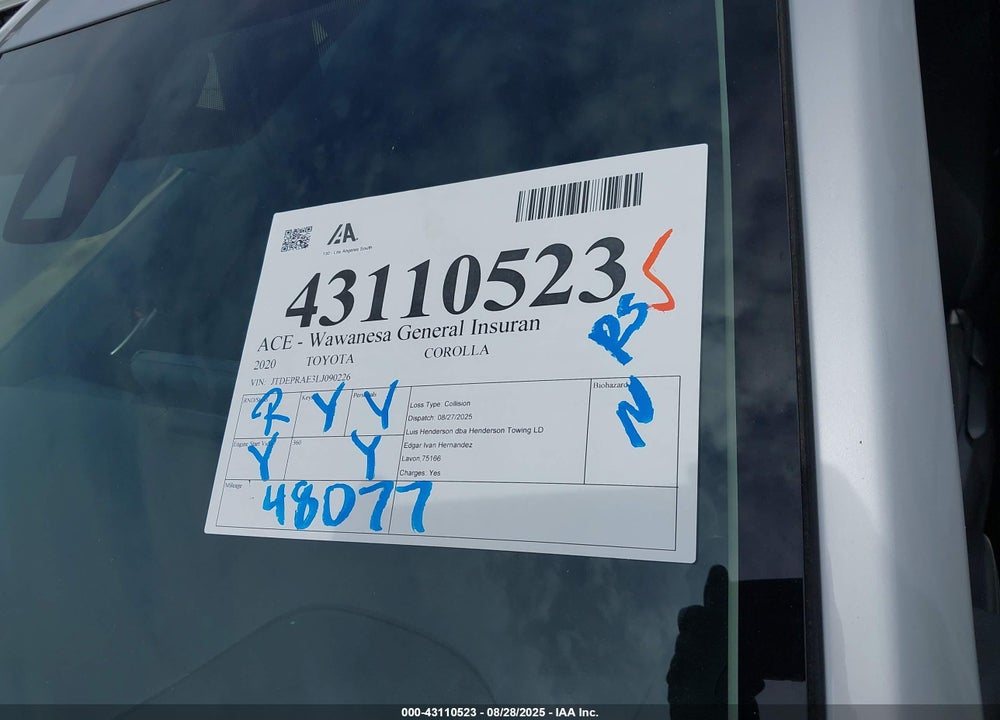 2020 TOYOTA COROLLA VIN: JTDEPRAE3LJ090226