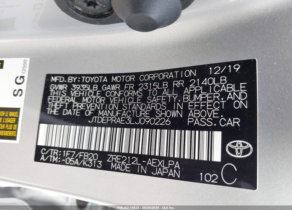 2020 TOYOTA COROLLA VIN: JTDEPRAE3LJ090226