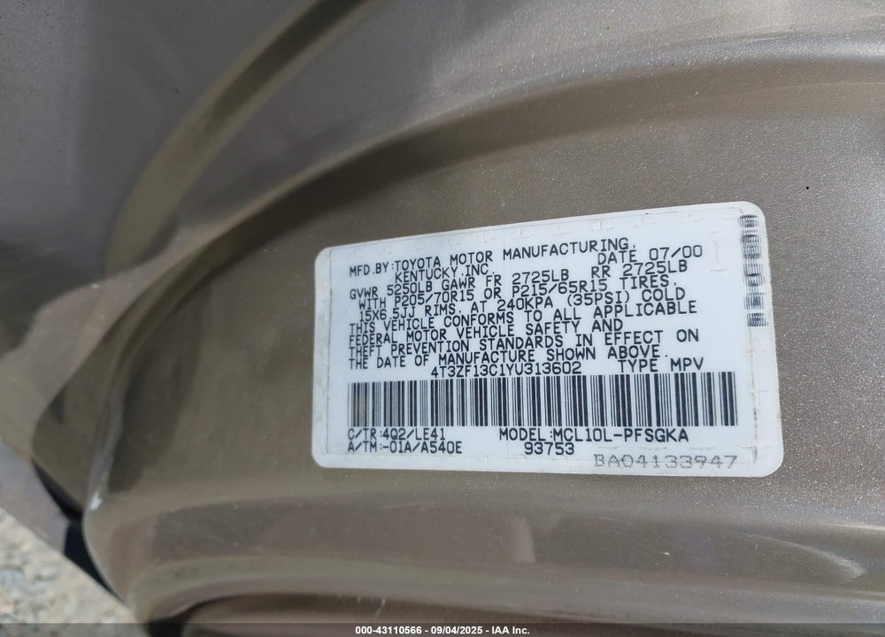 2000 TOYOTA SIENNA XLE VIN: 4T3ZF13C1YU313602