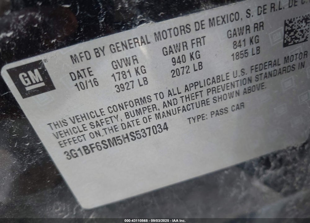 2017 CHEVROLET CRUZE VIN: 3G1BF6SM5HS537034