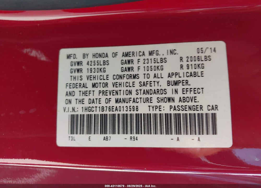2014 HONDA ACCORD EX VIN: 1HGCT1B76EA013598