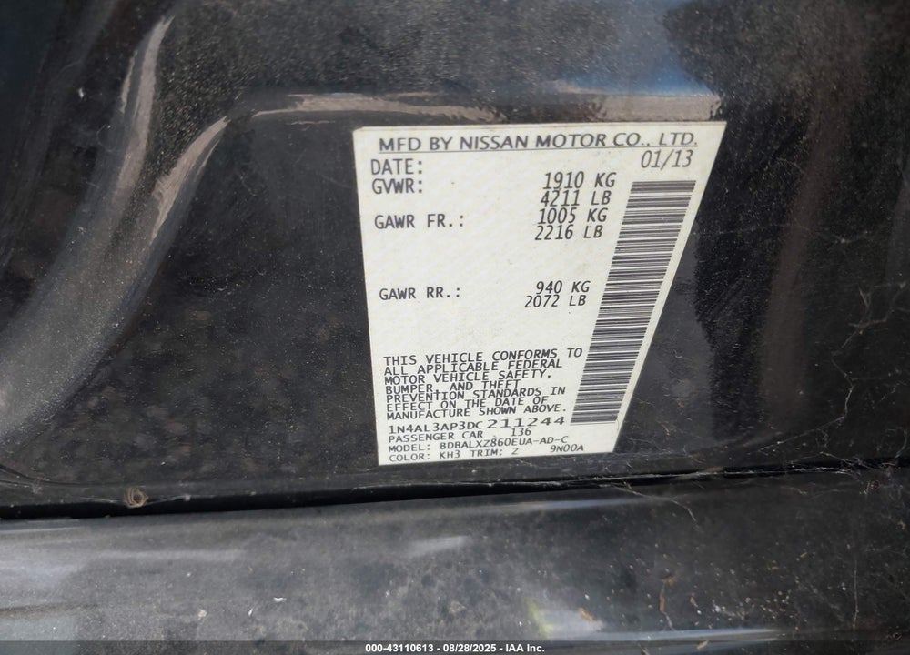 2013 NISSAN ALTIMA 2.5 SL VIN: 1N4AL3AP3DC211244