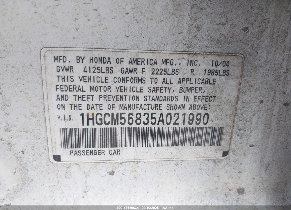 2005 HONDA ACCORD 2.4 EX VIN: 1HGCM56835A021990