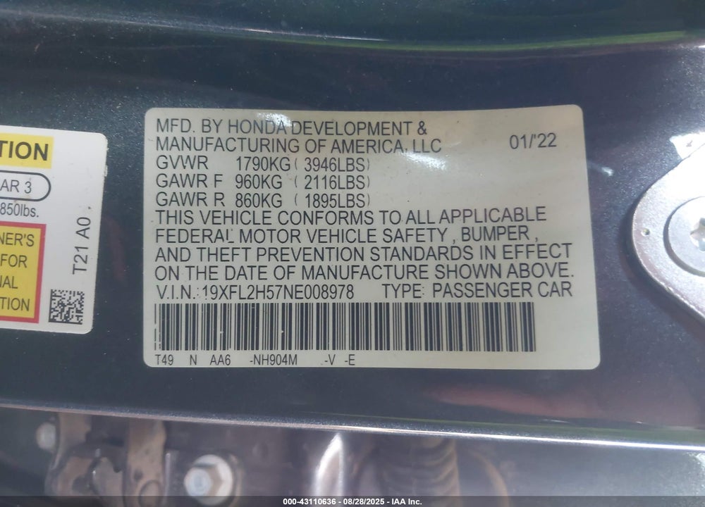 2022 HONDA CIVIC VIN: 19XFL2H57NE008978