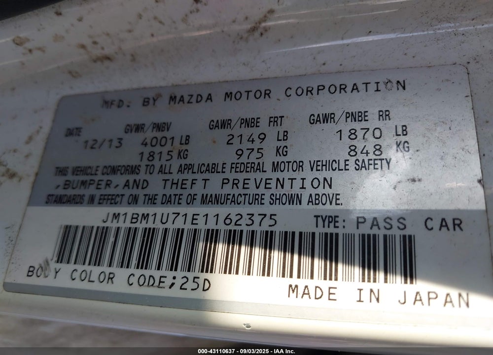 2014 MAZDA 3 VIN: JM1BM1U71E1162375