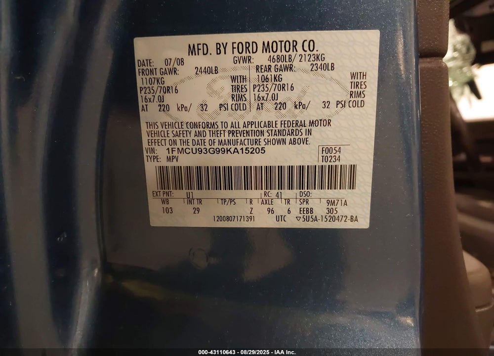 2009 FORD ESCAPE VIN: 1FMCU93G99KA15205