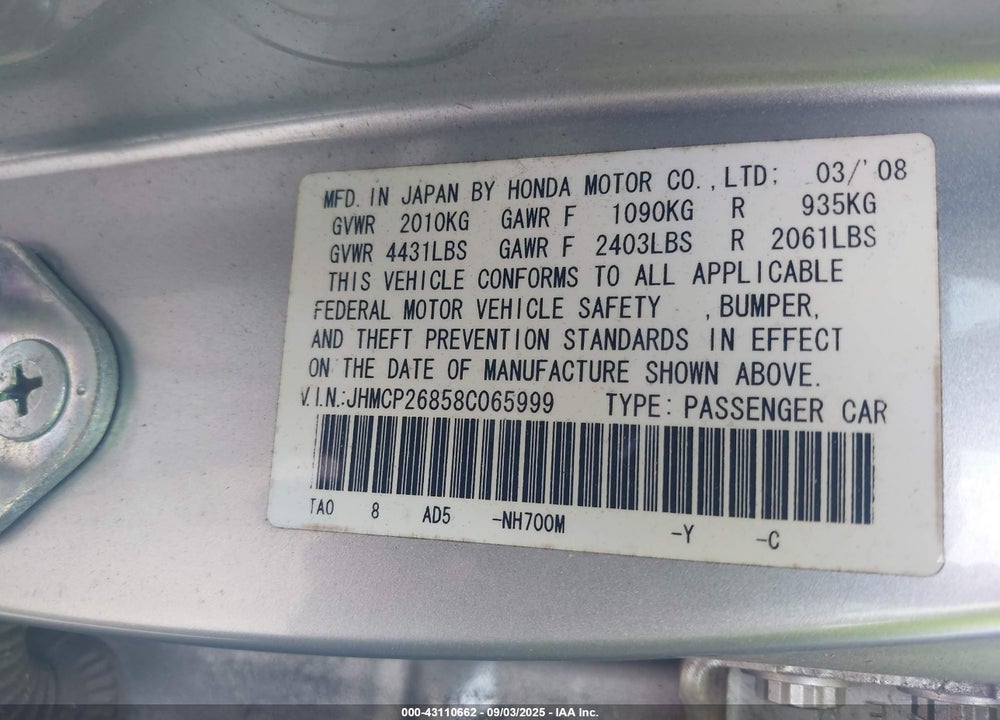 2008 HONDA ACCORD 2.4 EX-L VIN: JHMCP26858C065999