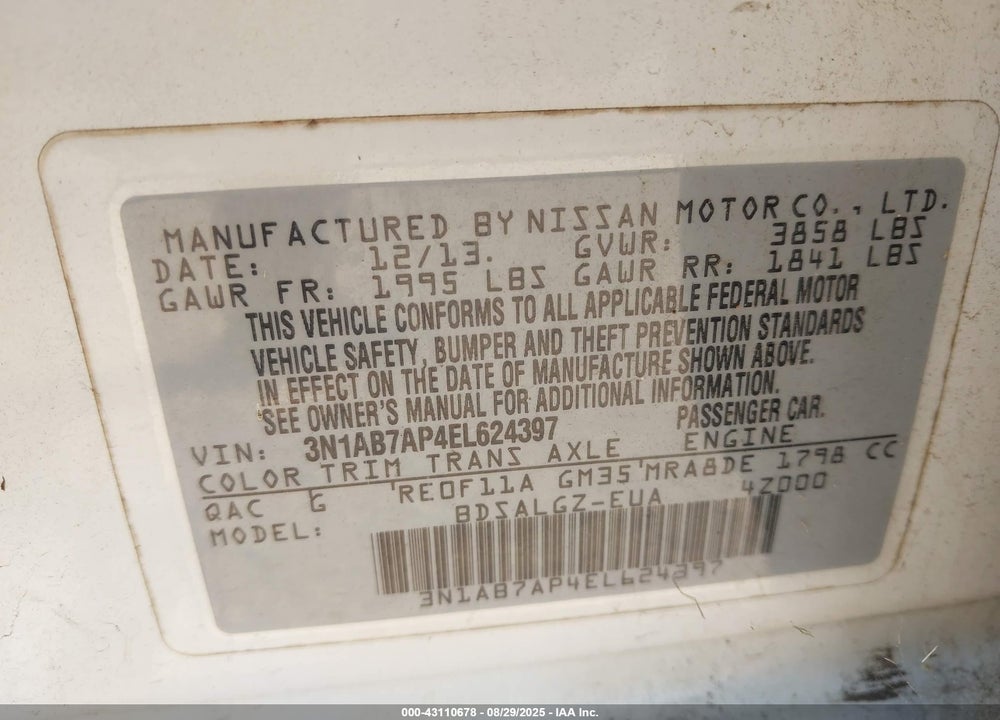 2014 NISSAN SENTRA VIN: 3N1AB7AP4EL624397