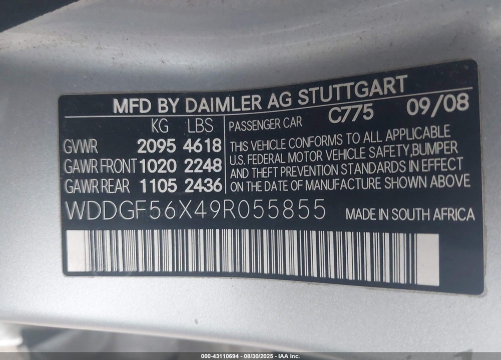 2009 MERCEDES-BENZ C CLASS VIN: WDDGF56X49R055855