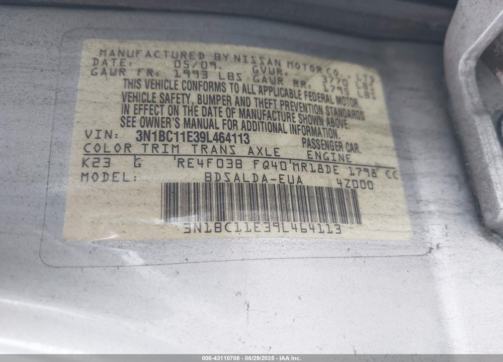 2009 NISSAN VERSA VIN: 3N1BC11E39L464113