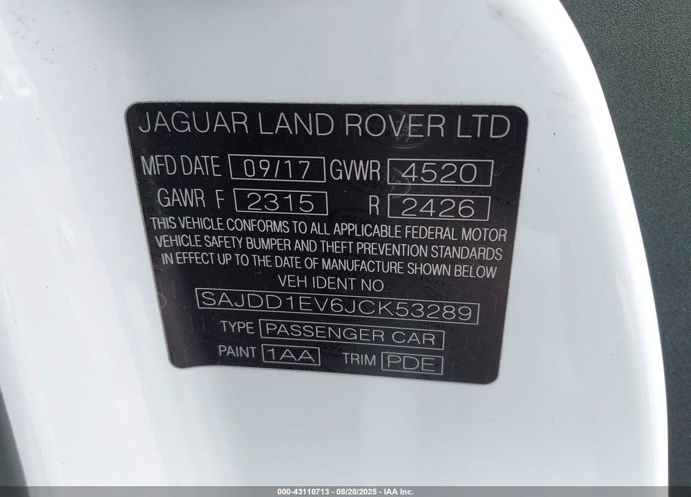 2018 JAGUAR F-TYPE VIN: SAJDD1EV6JCK53289
