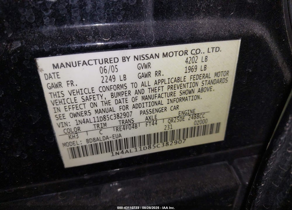 2005 NISSAN ALTIMA 2.5 S VIN: 1N4AL11D85C382907