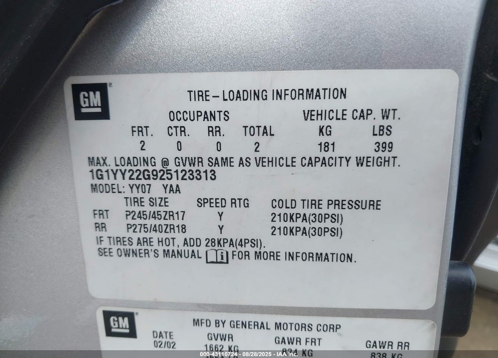 2002 CHEVROLET CORVETTE VIN: 1G1YY22G925123313