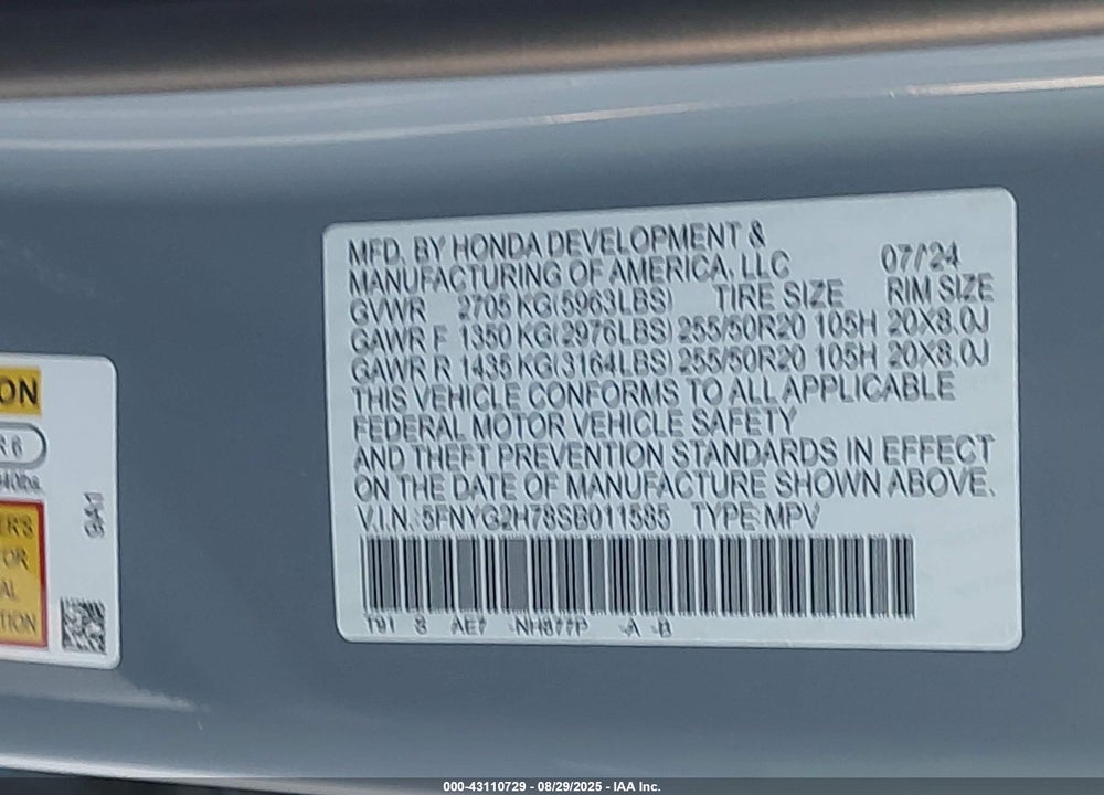 2025 HONDA PILOT VIN: 5FNYG2H78SB011585