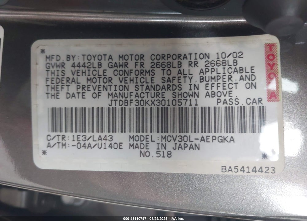 2003 TOYOTA CAMRY XLE V6 VIN: JTDBF30KX30105711