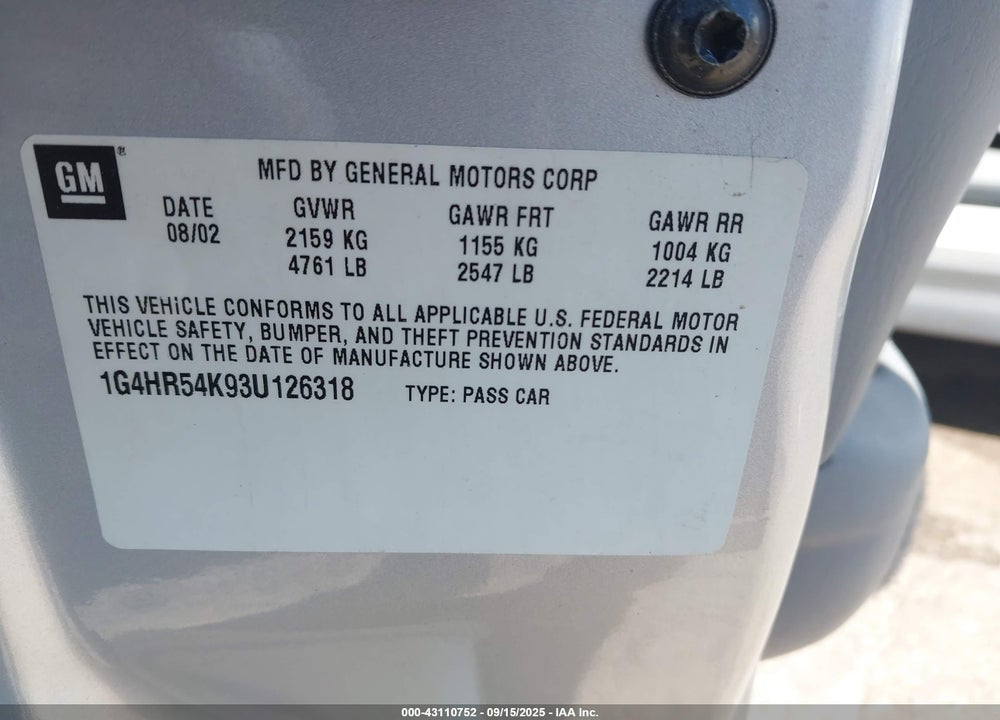 2003 BUICK LESABRE LIMITED VIN: 1G4HR54K93U126318