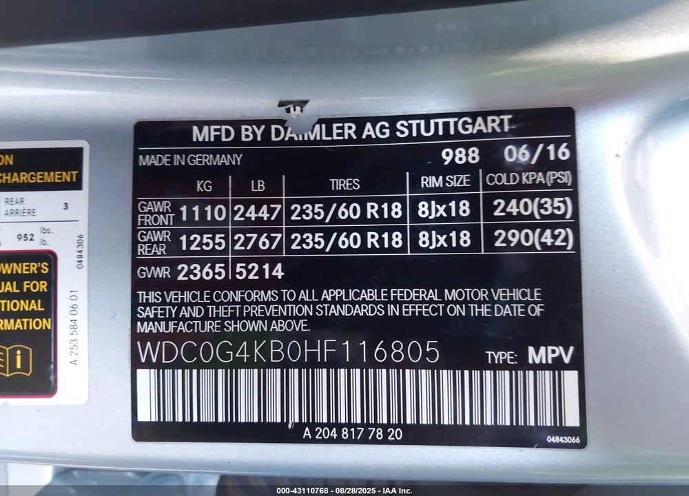 2017 MERCEDES-BENZ GLC CLASS VIN: WDC0G4KB0HF116805
