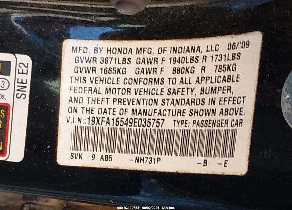 2009 HONDA CIVIC VIN: 19XFA16549E035757