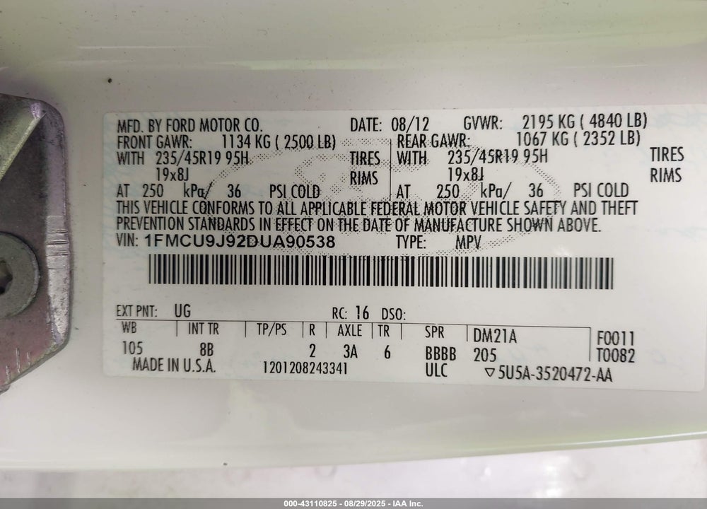 2013 FORD ESCAPE TITANIUM VIN: 1FMCU9J92DUA90538