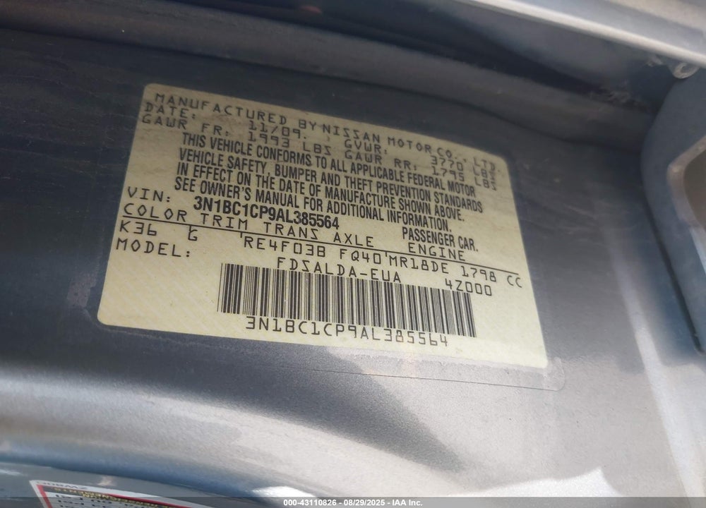 2010 NISSAN VERSA VIN: 3N1BC1CP9AL385564
