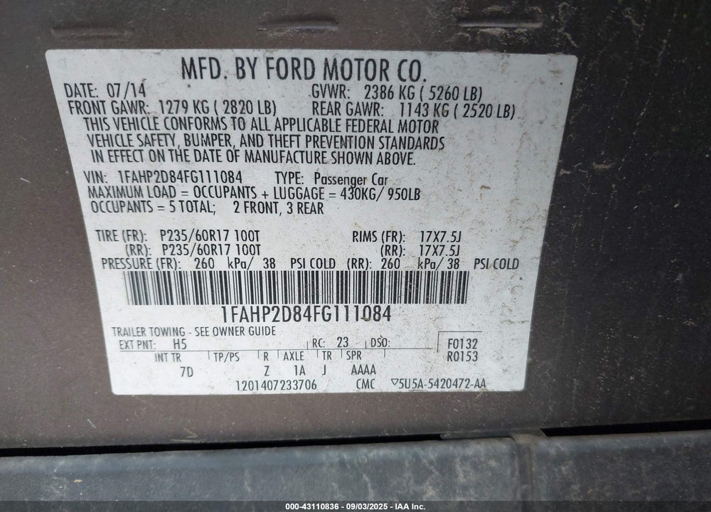2015 FORD TAURUS VIN: 1FAHP2D84FG111084