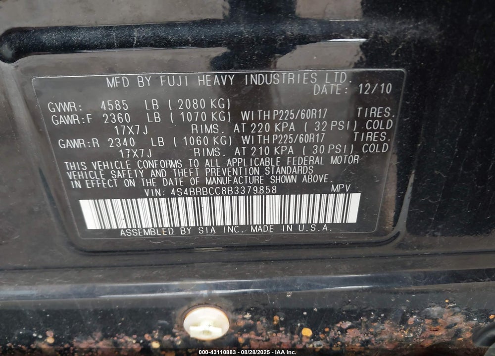 2011 SUBARU OUTBACK VIN: 4S4BRBCC8B3379858