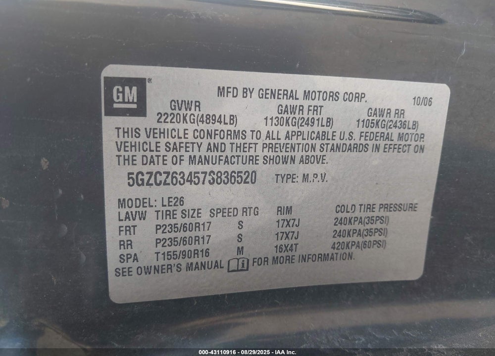 2007 SATURN VUE V6 VIN: 5GZCZ63457S836520