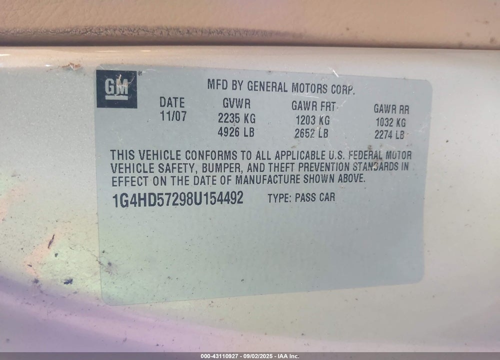 2008 BUICK LUCERNE CXL VIN: 1G4HD57298U154492