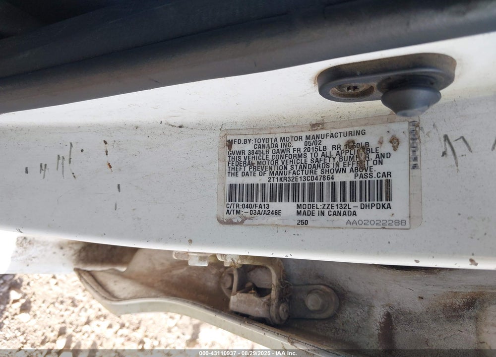 2003 TOYOTA MATRIX STANDARD VIN: 2T1KR32E13C047864