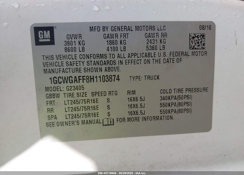 2017 CHEVROLET EXPRESS 2500 WORK VAN VIN: 1GCWGAFF8H1103874