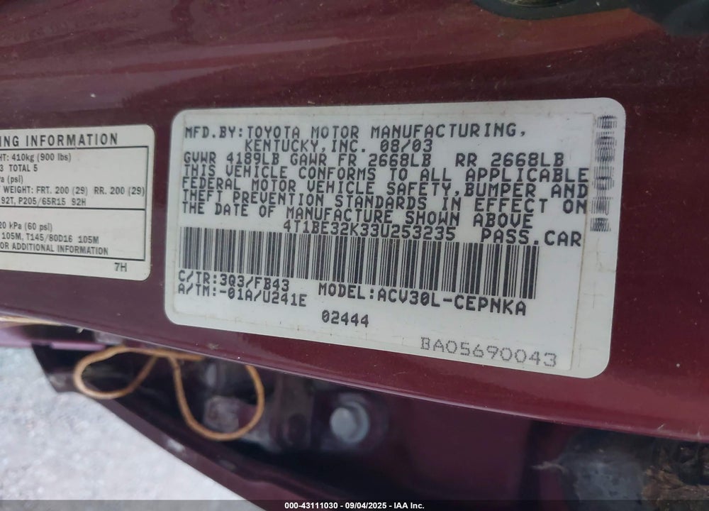 2003 TOYOTA CAMRY LE VIN: 4T1BE32K33U253235