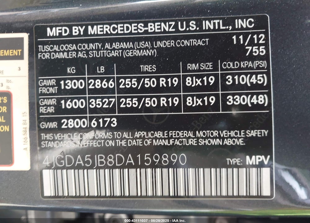 2013 MERCEDES-BENZ ML-CLASS VIN: 4JGDA5JB8DA159890