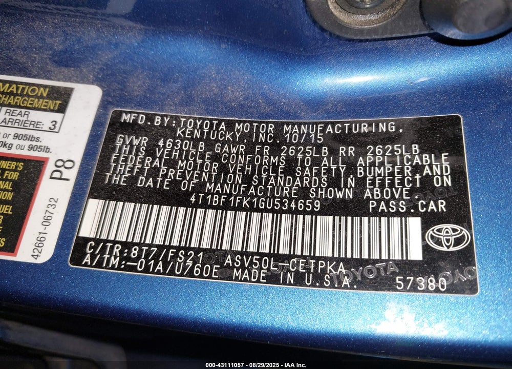 2016 TOYOTA CAMRY VIN: 4T1BF1FK1GU534659