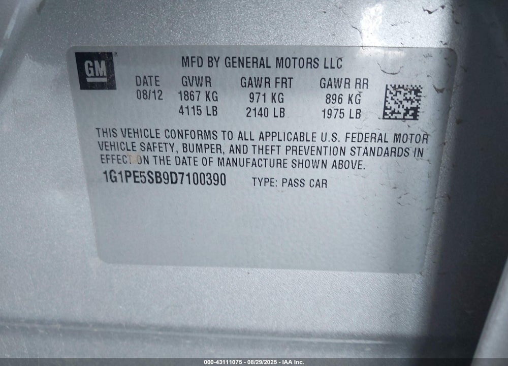 2013 CHEVROLET CRUZE VIN: 1G1PE5SB9D7100390