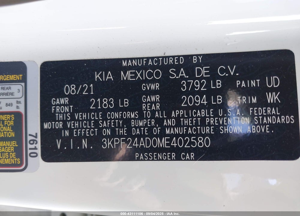2021 KIA FORTE VIN: 3KPF24AD0ME402580