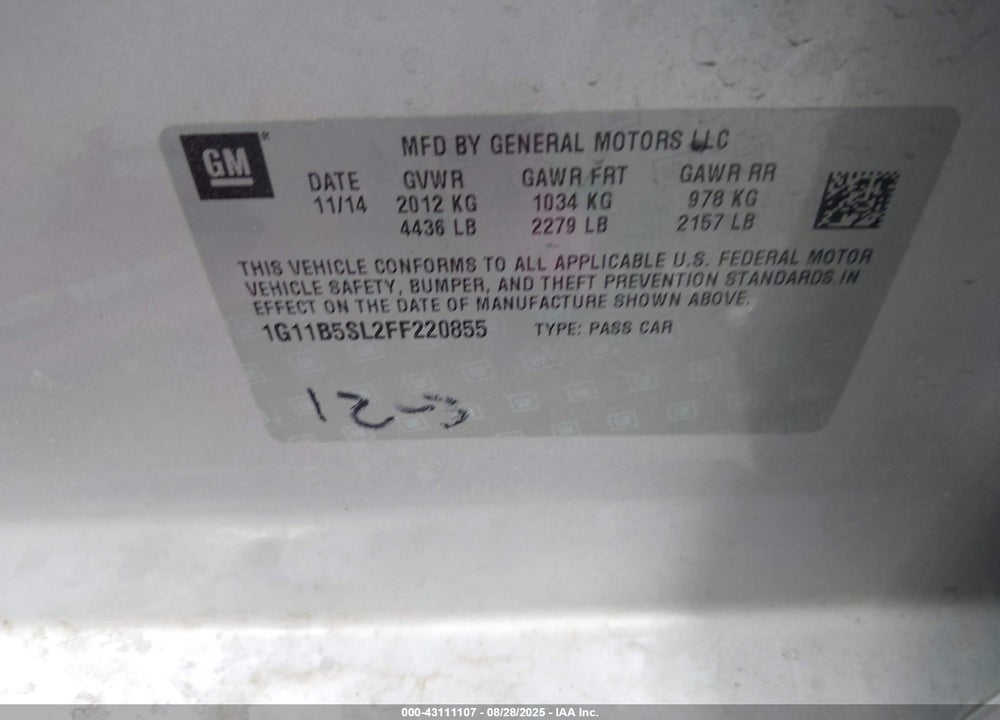 2015 CHEVROLET MALIBU LS VIN: 1G11B5SL2FF220855