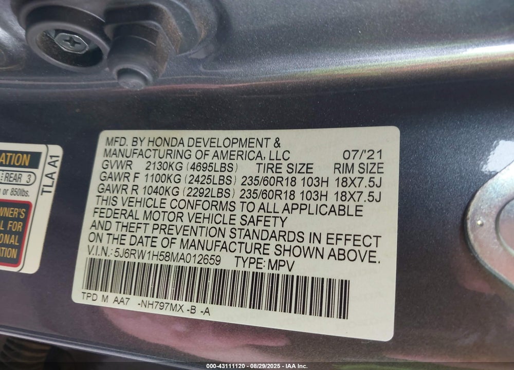 2021 HONDA CR-V VIN: 5J6RW1H58MA012659