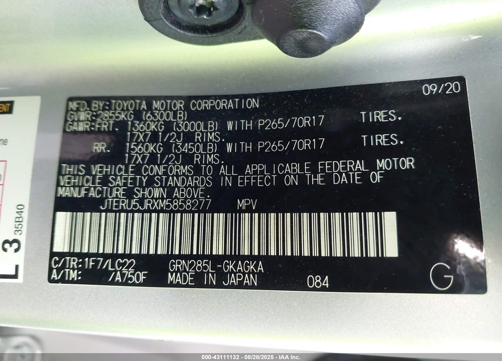 2021 TOYOTA 4RUNNER VIN: JTERU5JRXM5858277