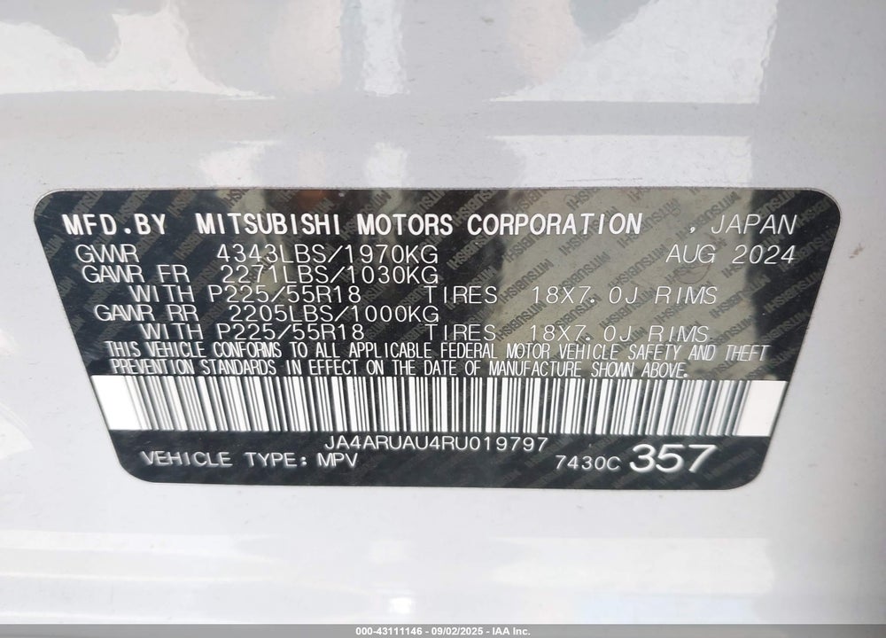 2024 MITSUBISHI OUTLANDER SPORT 2.0 ES AWC/2.0 LE AWC/2.0 RALLIART AWC/2.0 S AWC/2.0 SE AWC/2.0 TRAIL EDITION AWC VIN: JA4ARUAU4RU019797