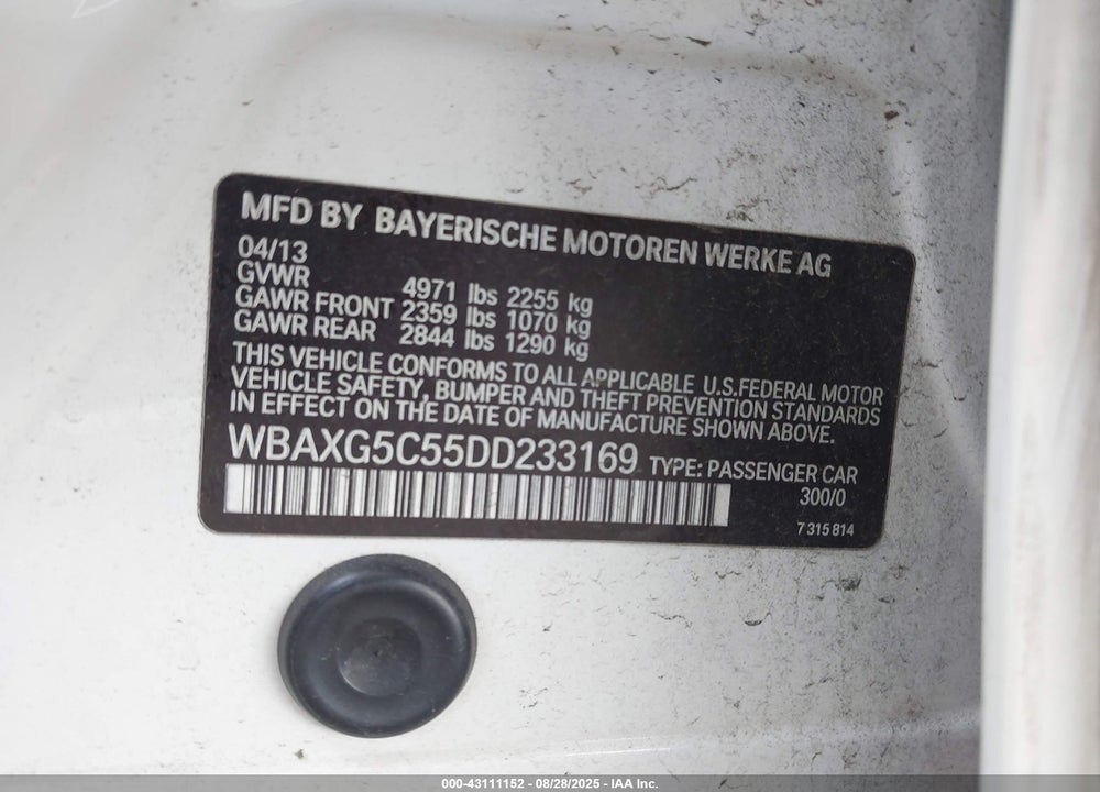 2013 BMW 5 SERIES VIN: WBAXG5C55DD233169
