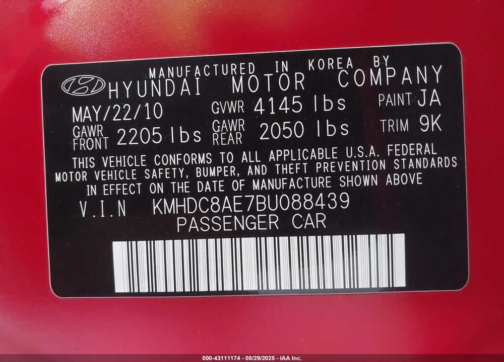 2011 HYUNDAI ELANTRA VIN: KMHDC8AE7BU088439