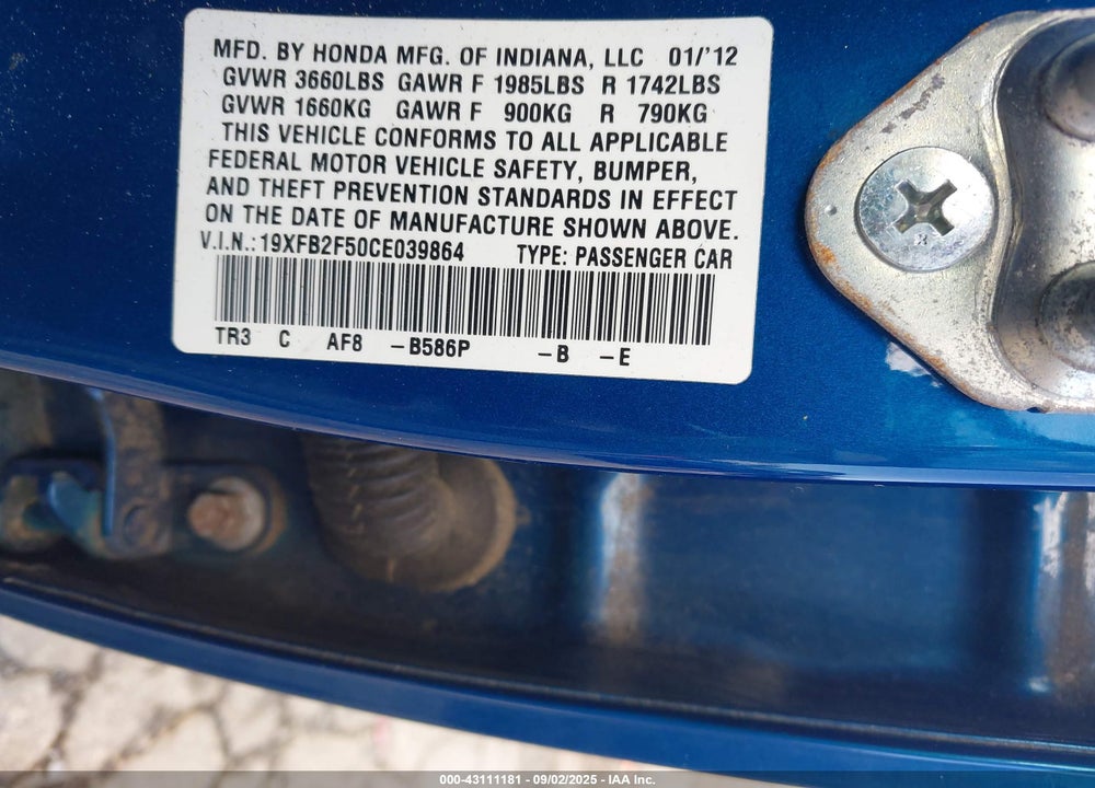 2012 HONDA CIVIC VIN: 19XFB2F50CE039864