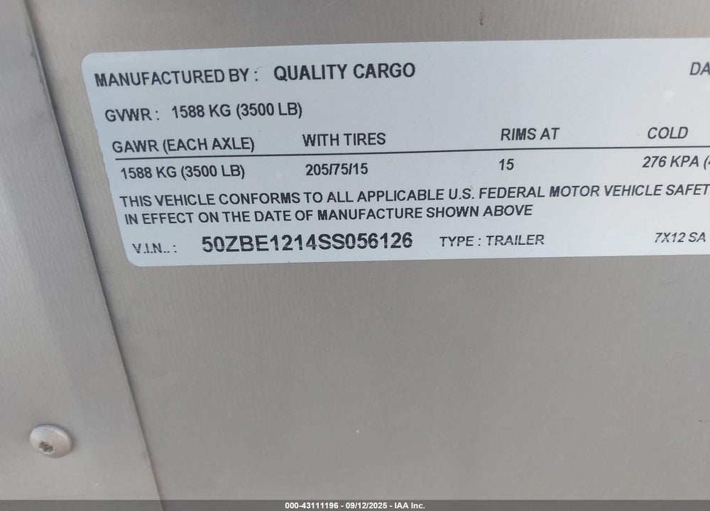 2025 QUALITY CARGO 12' FX12SA CARGO VIN: 50ZBE1214SS056126