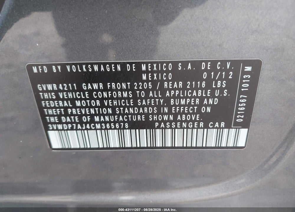 2012 VOLKSWAGEN JETTA VIN: 3VWDP7AJ4CM365678