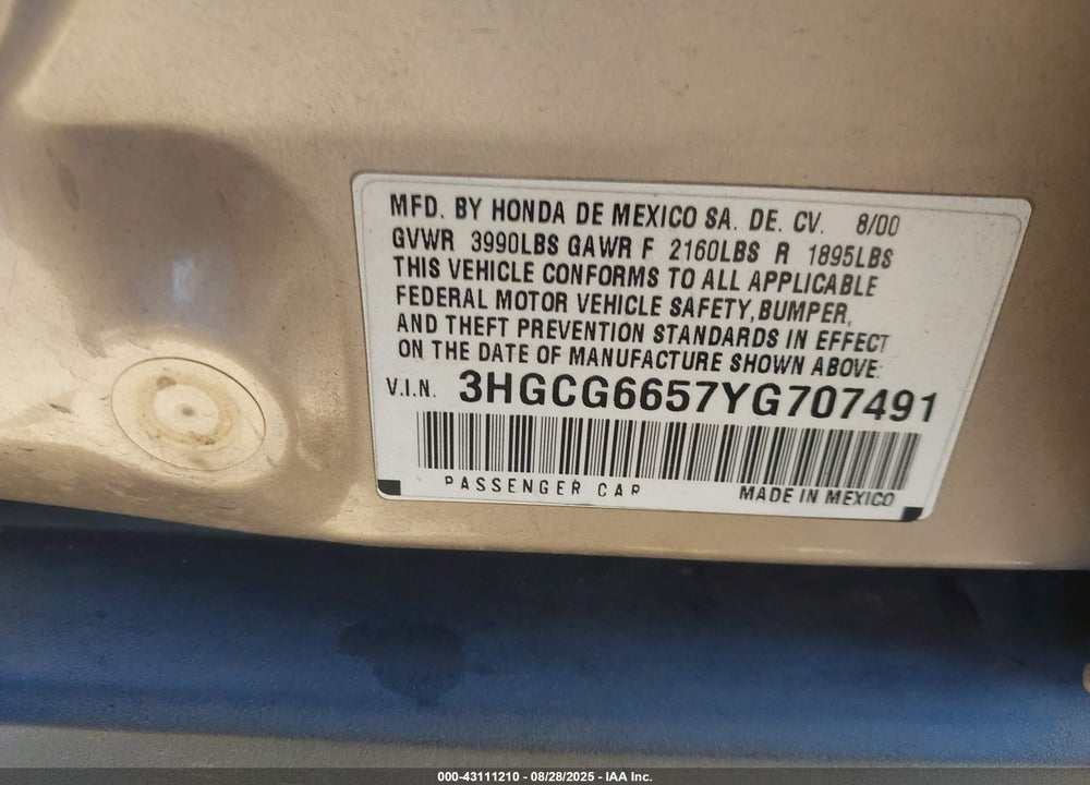 2000 HONDA ACCORD 2.3 LX VIN: 3HGCG6657YG707491