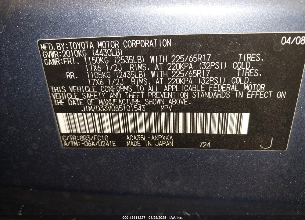 2008 TOYOTA RAV4 VIN: JTMZD33V085101543
