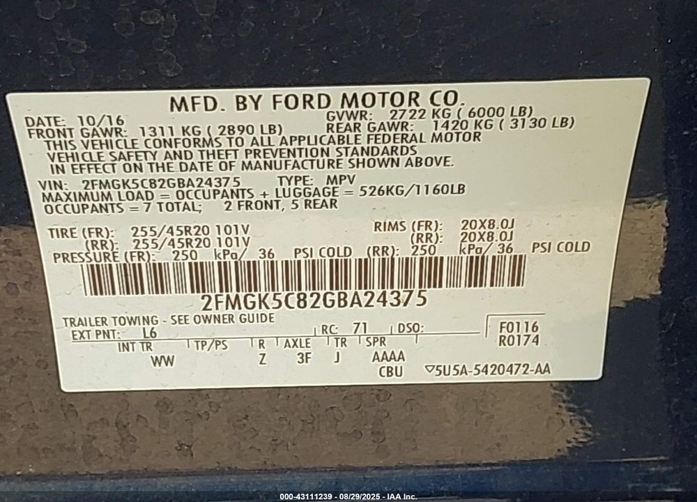 2016 FORD FLEX VIN: 2FMGK5C82GBA24375